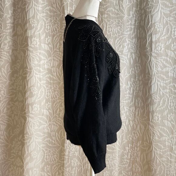 Vintage 80s Western Connection Black Beaded Sweater Dark Academia Art Deco Sz M - Picture 4 of 8